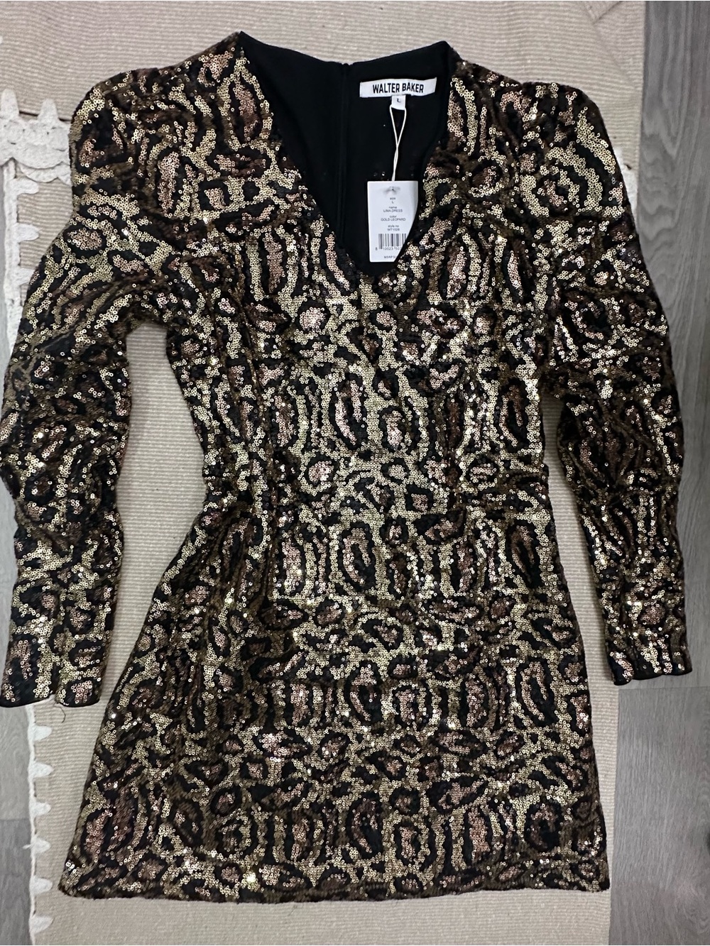 Walter Baker Black and Gold Sequin Long-Sleeve Mini Dress